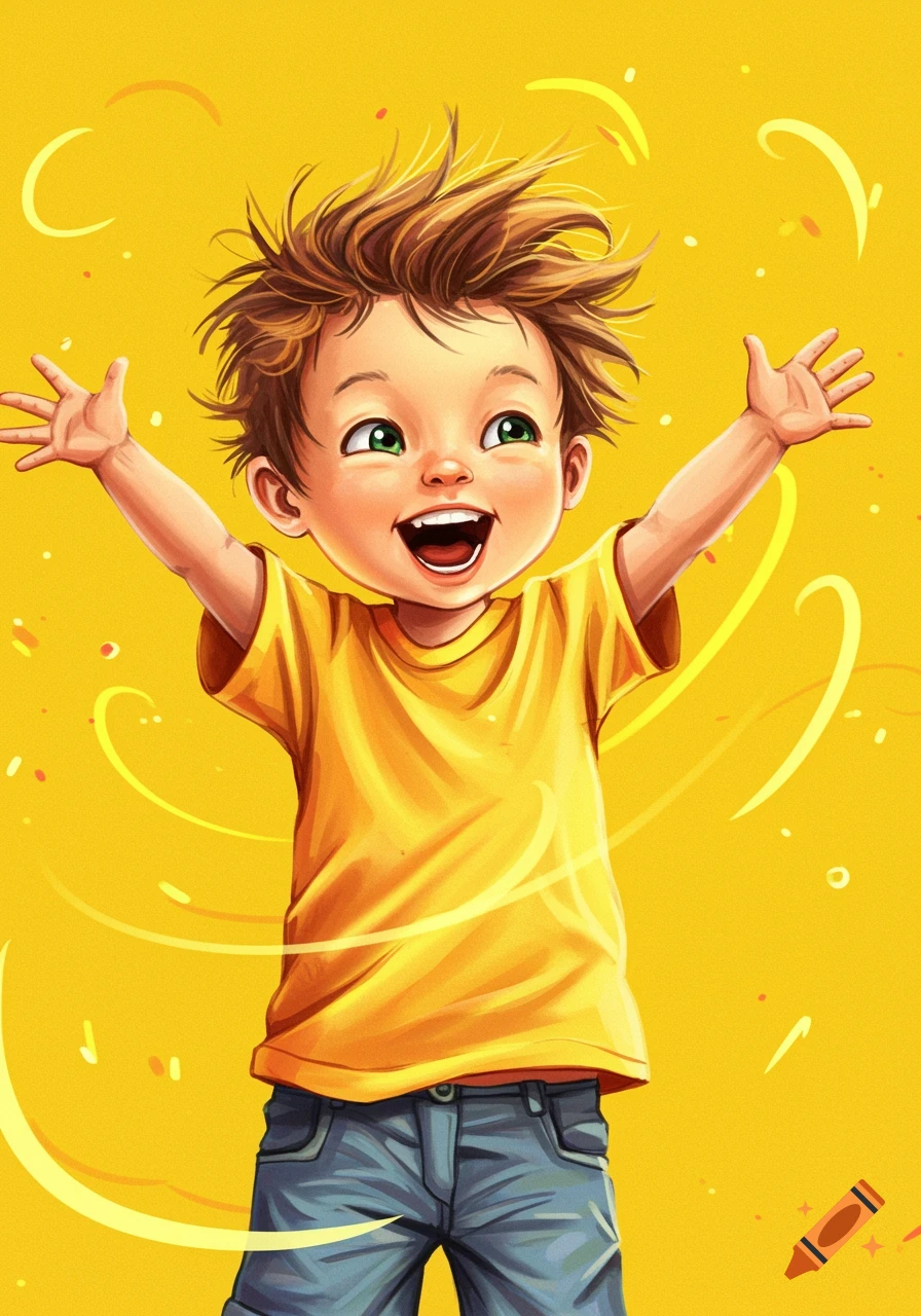 A joyful cartoon boy with messy brown hair and green eyes, wearing a yellow t-shirt and blue jeans, smiles with arms outstretched against a bright yellow background with swirling lines.