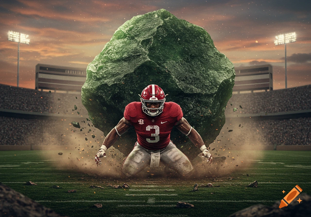 A football player in a red uniform struggles to stand on a field, a large green rock behind him, stadium lights on at sunset.