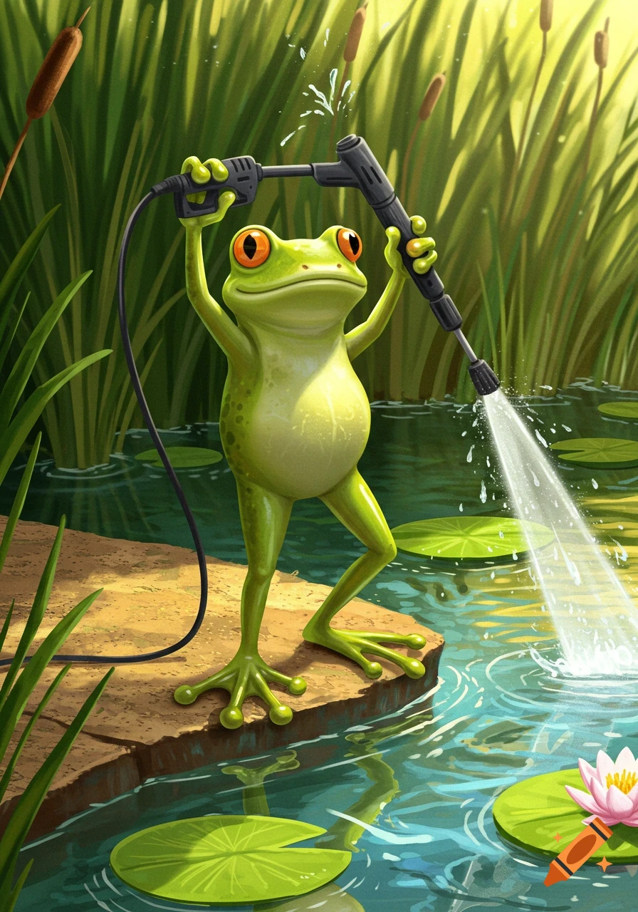 Cartoon frog stands on a pond bank, operating a pressure washer, spraying water into lily pad filled water.