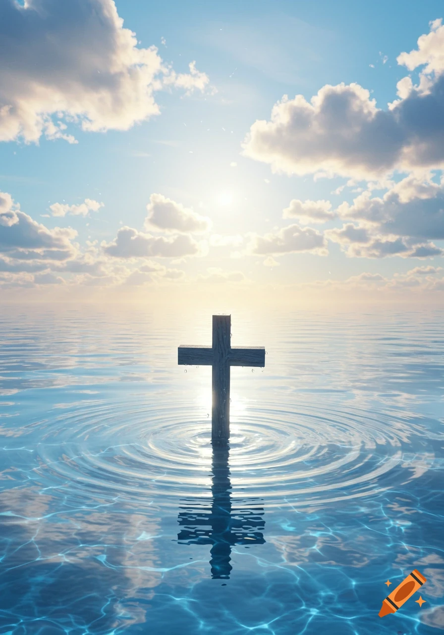 A wooden cross stands in tranquil water with ripples, reflecting the bright sun and clouds in a serene blue sky.