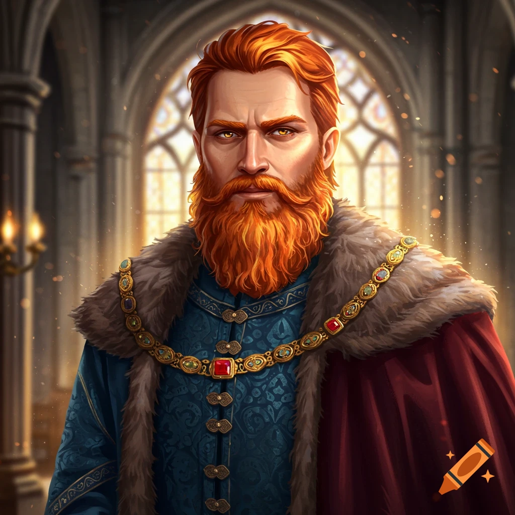 A man with a red-gold beard and tawny eyes in an ornate blue and red medieval robe with a fur collar and golden chain.