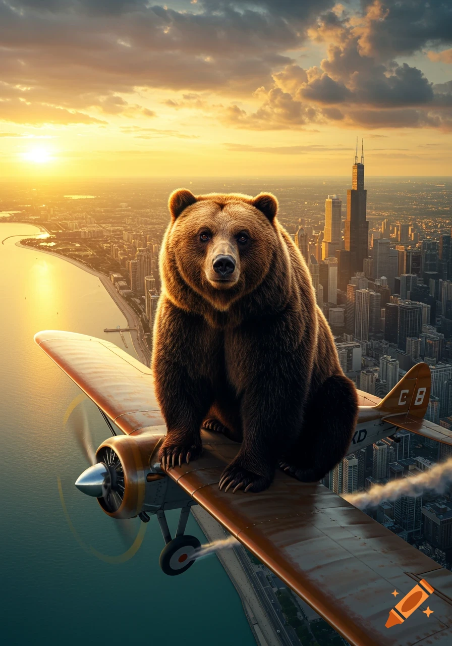 A large brown bear sits on the wing of a vintage biplane flying over a city skyline at sunset, with a golden sky.