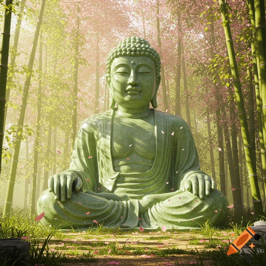 A serene green Buddha statue meditates in a bamboo forest with pink blossoms and fallen petals.