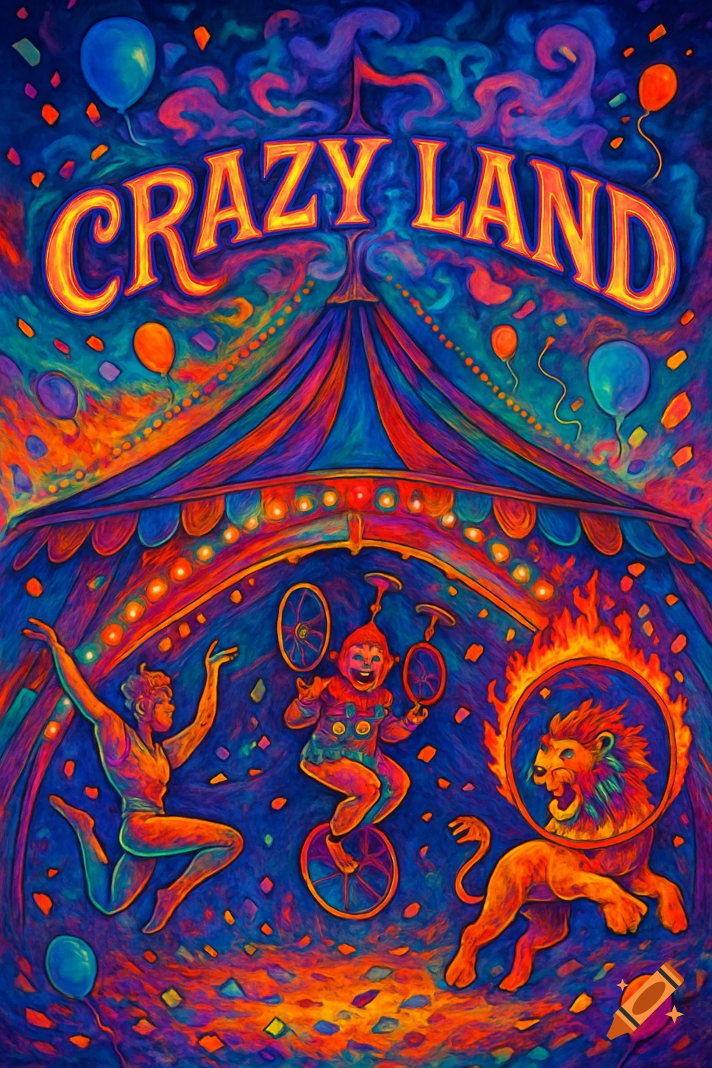 Vibrant psychedelic illustration of a circus tent with 'CRAZY LAND' text, a dancer, a clown on a unicycle, and a lion jumping through a flaming hoop.