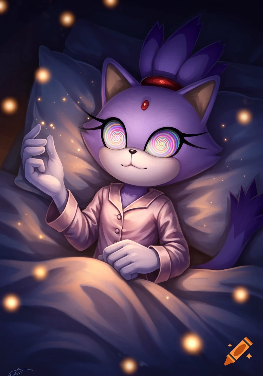 Blaze the Cat lies in bed in pajamas, looking up with colorful spiral, hypnotized eyes, surrounded by glowing particles at night.