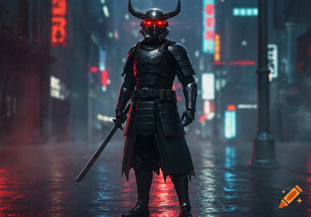 A horned, armored warrior with glowing red eyes holds a sword in a rainy, neon-lit cyberpunk city street.