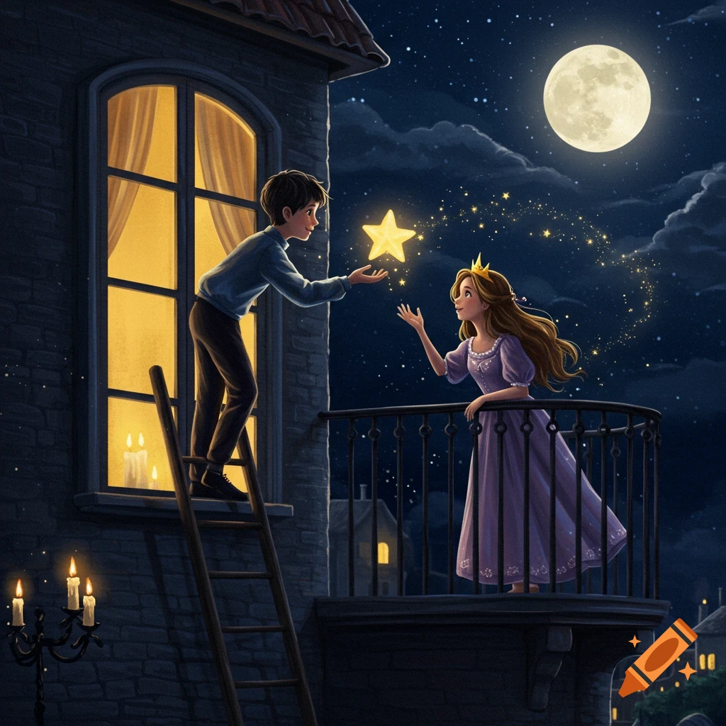 A boy on a ladder offers a glowing star to a princess on a balcony under a full moon in a dreamy storybook illustration.