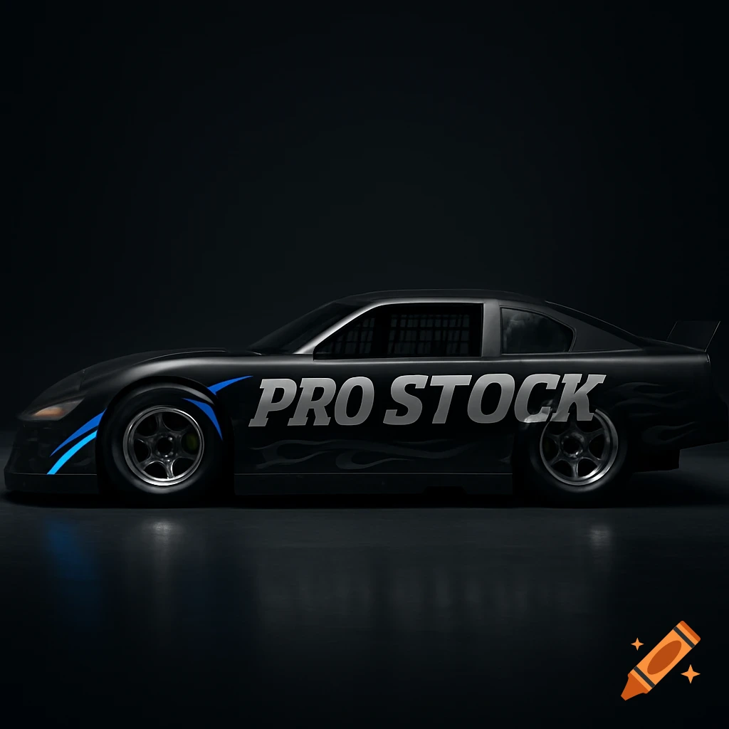 A matte black Pro Stock race car with electric blue accents and silver 'PRO STOCK' text on the side, against a dark background.