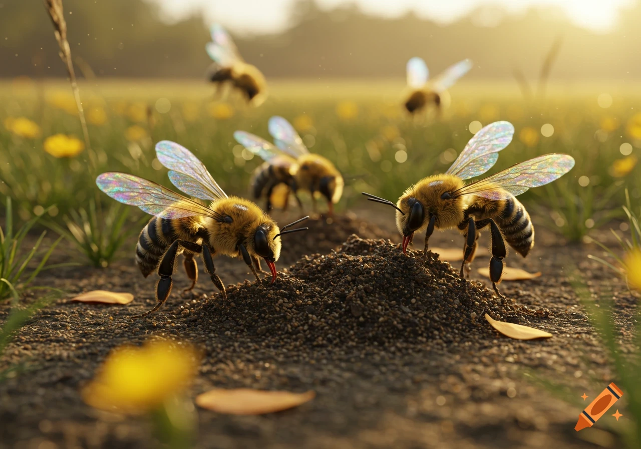 Photorealistic macro shot of bees with iridescent wings gathered around a dirt mound in a sunlit field.