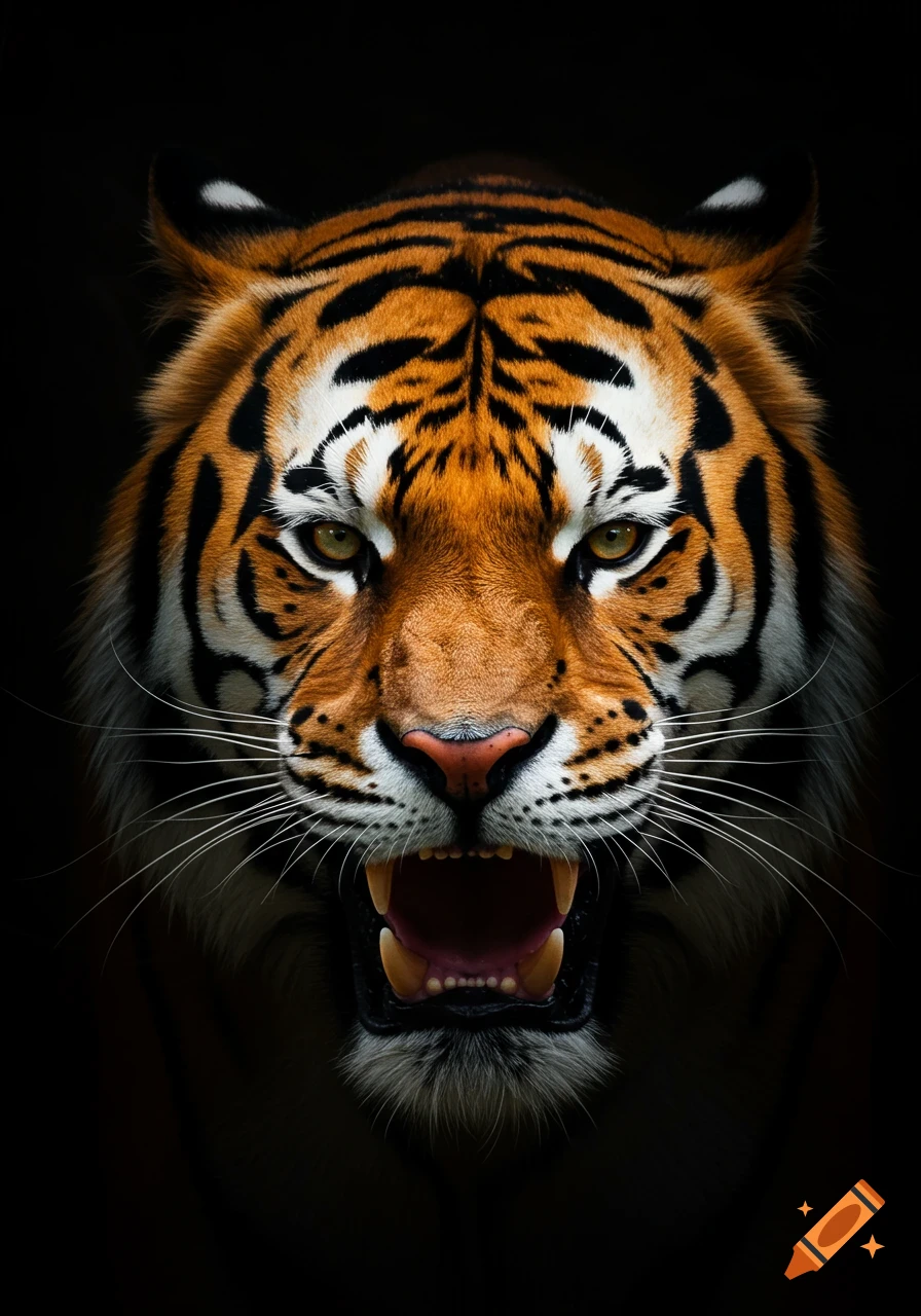 A photorealistic close-up portrait of a powerful tiger roaring with intense eyes against a dark background.