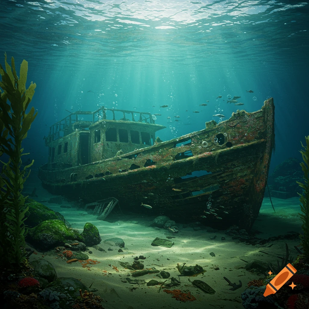 Photorealistic image of a large, rusty shipwreck on a sandy seabed, illuminated by sun rays filtering through clear blue water, with kelp and fish.