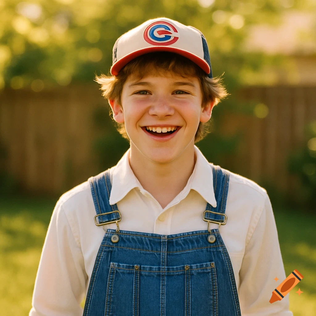 A smiling boy in a vintage baseball cap and denim overalls stands in a sunny backyard.