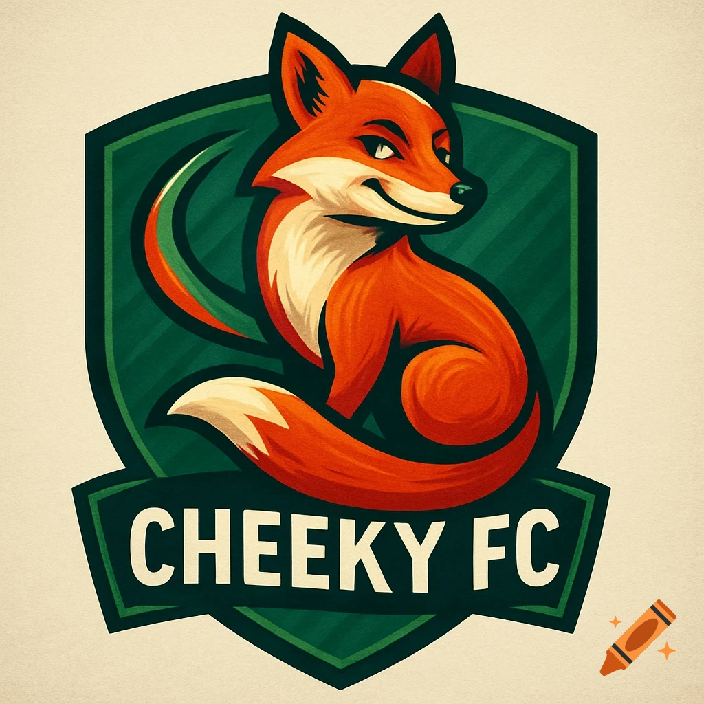 Stylized cartoon fox logo on a green shield with the text 'CHEEKY FC' below it.