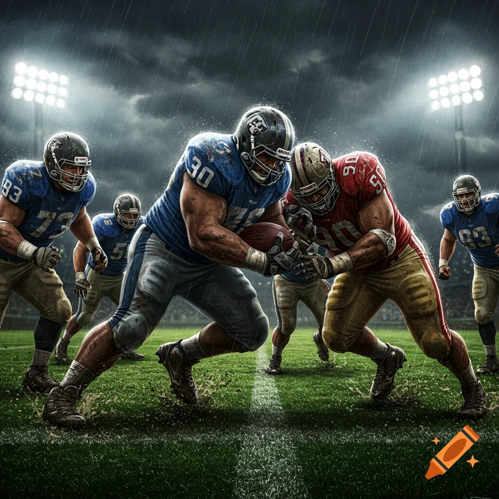 Two muscular football players in blue and red jerseys tackle for the ball on a muddy field during a rainy night game under bright stadium lights.