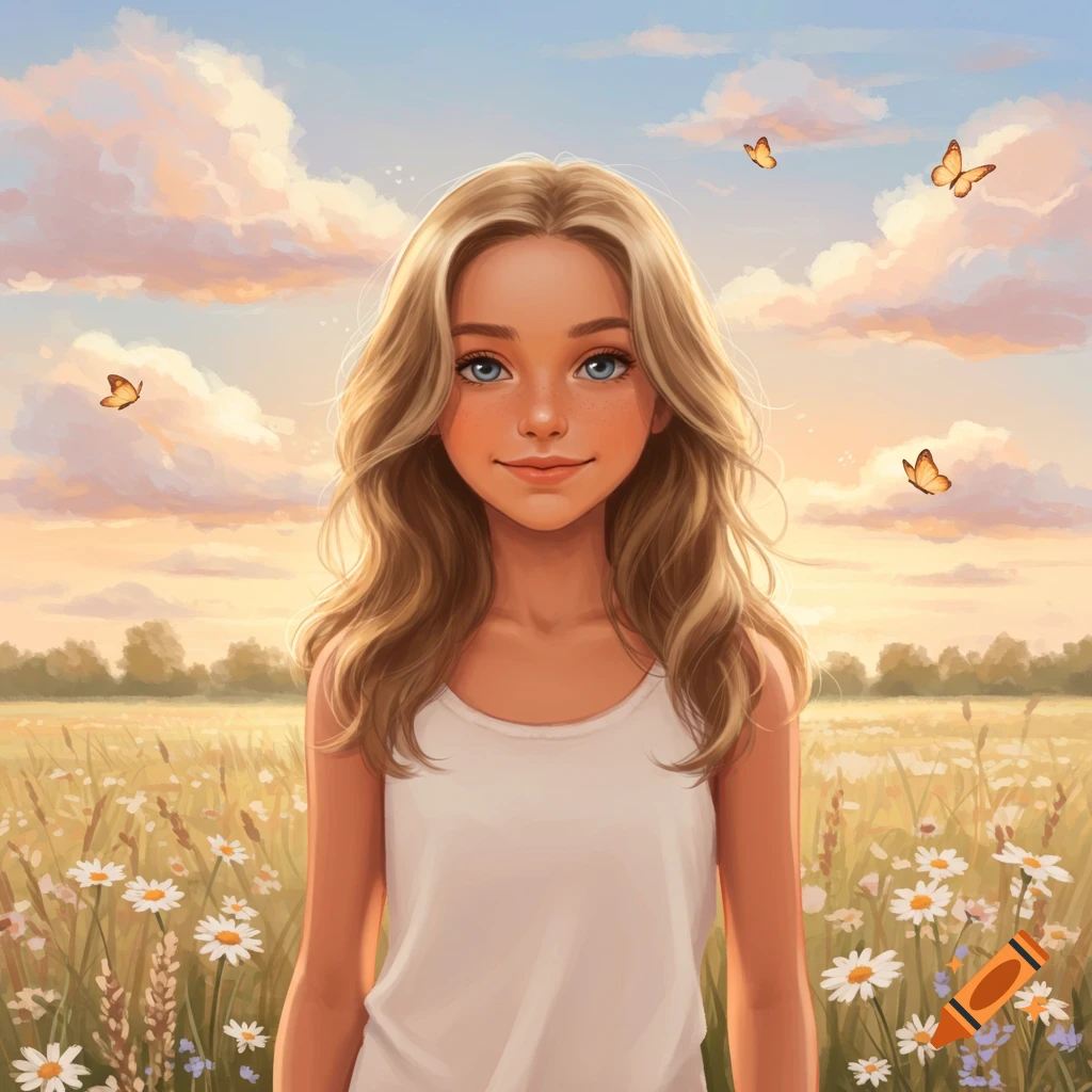 A digital illustration of a young girl with blonde hair and blue eyes, smiling in a field of daisies with butterflies, under a colorful cloudy sky.