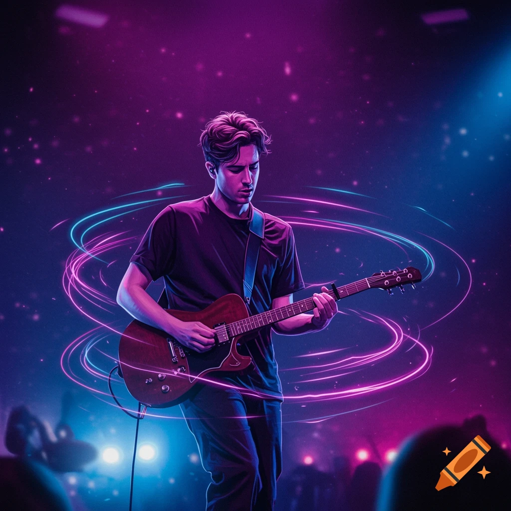 A male guitarist plays an electric guitar on a dark stage with vibrant purple and blue neon lights.