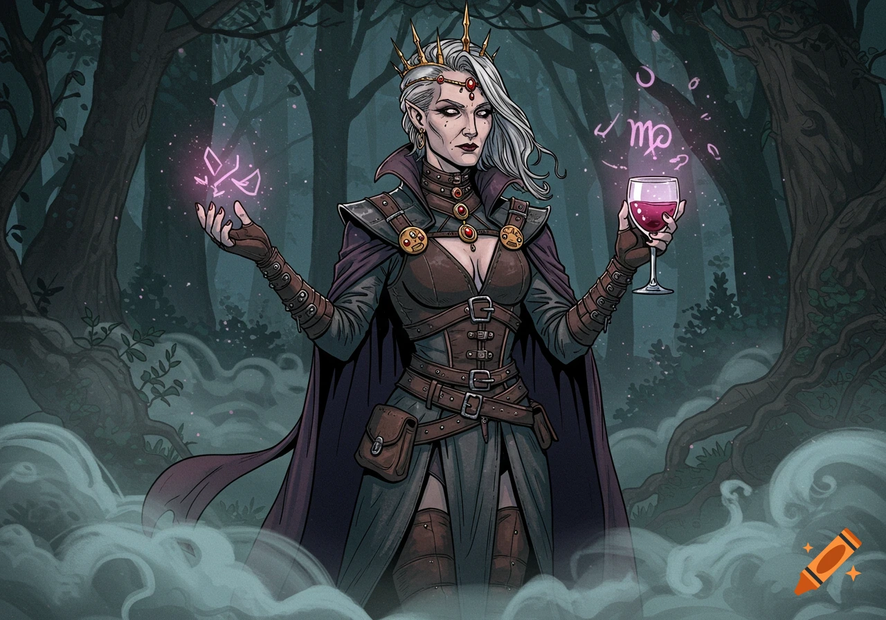 A white-haired fantasy noblewoman with a crown holds a glowing magical symbol in one hand and a glass of wine in the other, standing in a dark, misty forest in a comic-book style illustration.