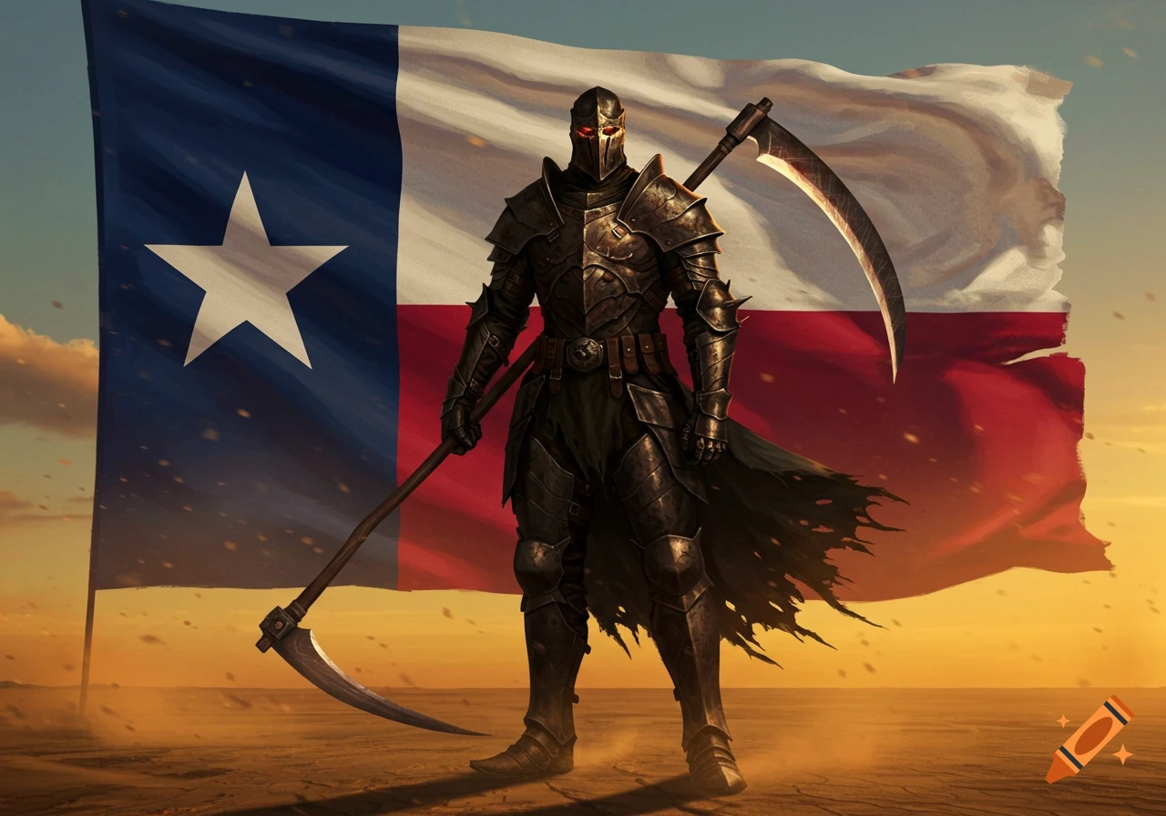 Heavily armored warrior with a scythe stands in a desert against a waving Texas flag at sunset.