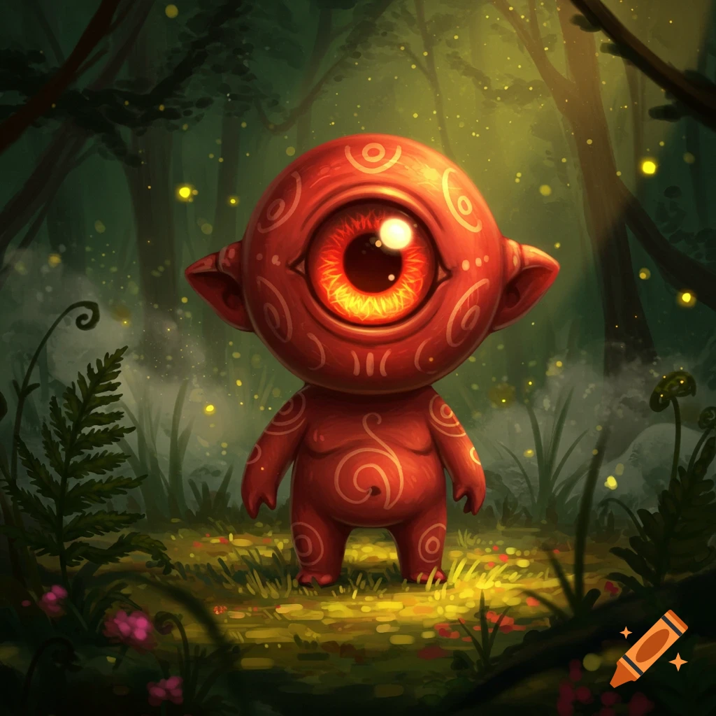 A cute, stylized red cyclops creature with decorative patterns stands in a glowing, magical forest.