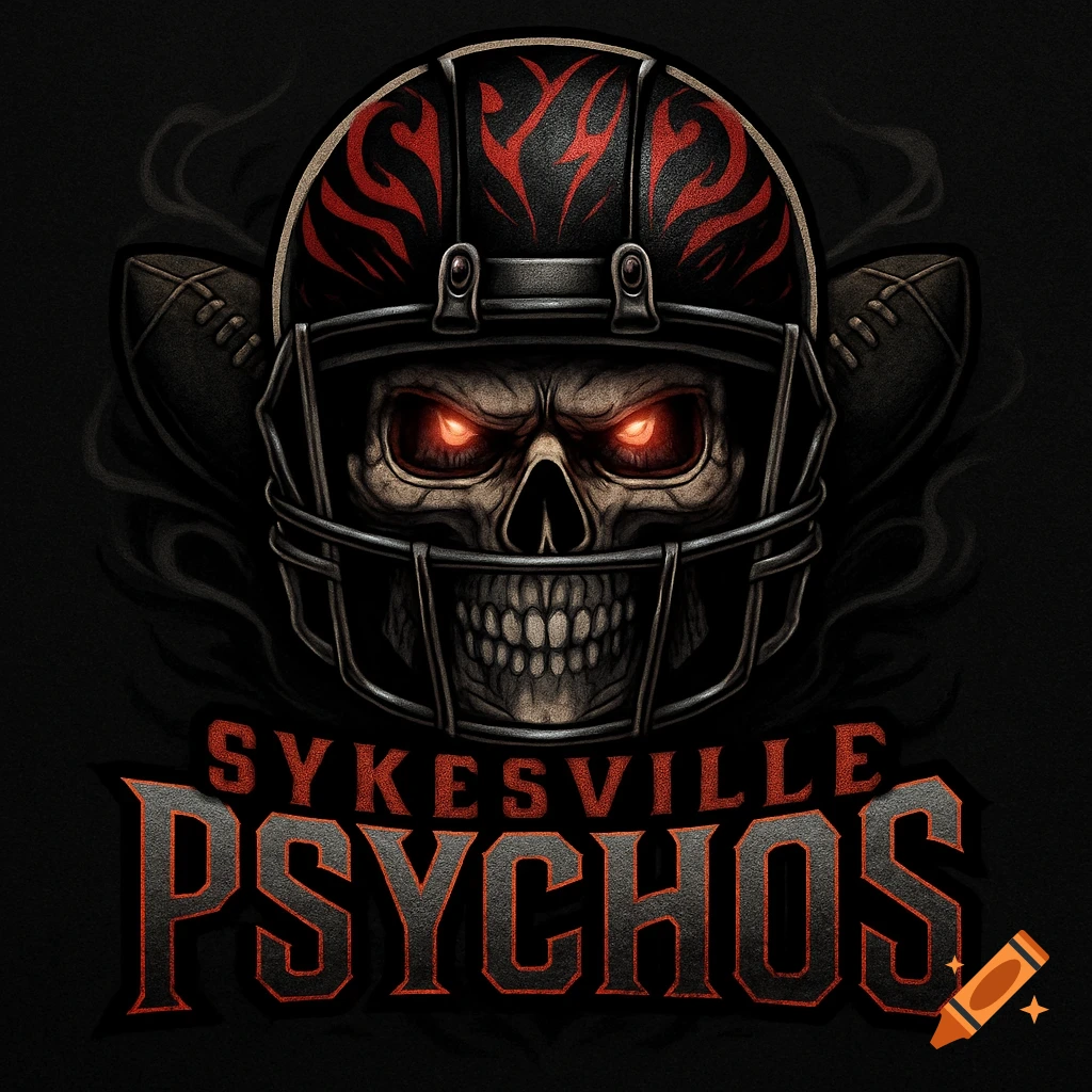 Stylized fantasy football logo featuring a skull with glowing red eyes in a black helmet, with 'Sykesville Psychos' text.