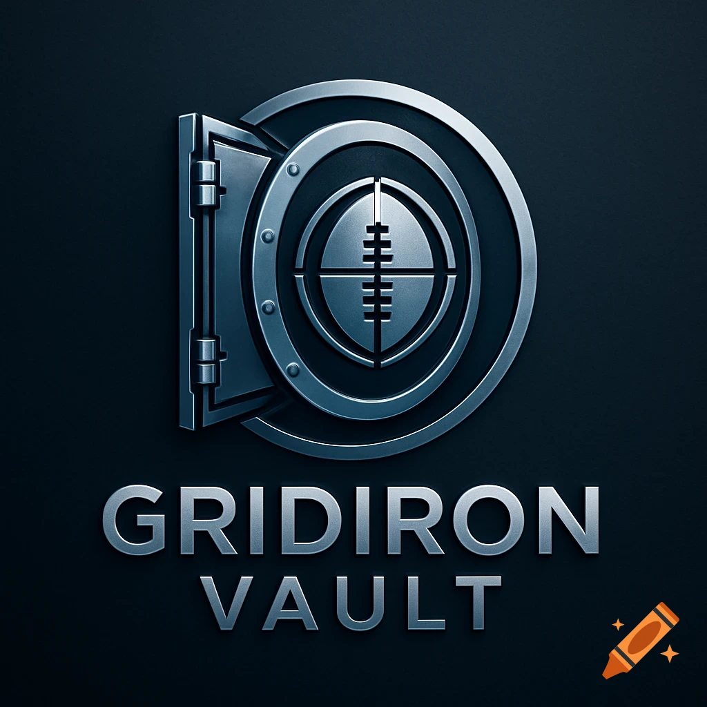Metallic logo of an open vault door with a football target, above the text 'GRIDIRON VAULT'.