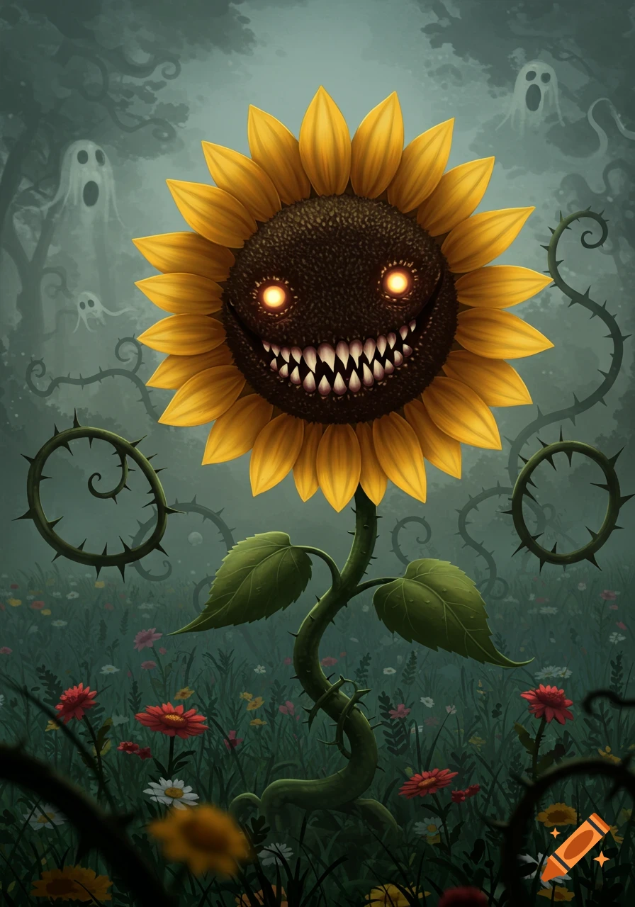 A cartoon of a creepy, monstrous sunflower with sharp teeth and glowing eyes, thorny vines, and ghosts in a dark, misty forest.