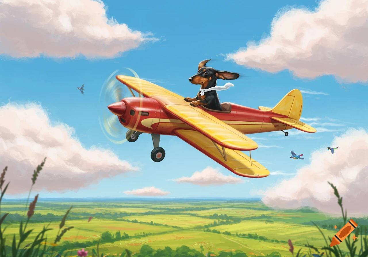 A cartoon dachshund dog in a white scarf flying a red and yellow biplane over a green field landscape under a blue sky with clouds.