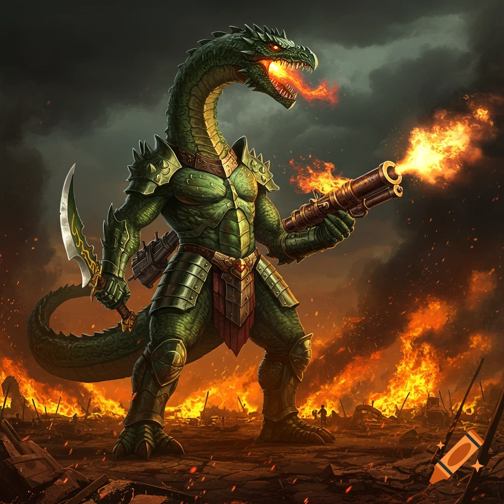 An armored, green-scaled dragon-like warrior on a fiery battlefield, breathing fire and holding a sword and a flame-blasting blunderbuss.