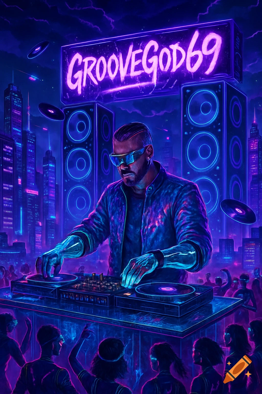 A DJ with glowing cybernetic arms plays music at a neon-lit futuristic rooftop club in a cyberpunk city, with a 'GROOVEGOD69' sign above.