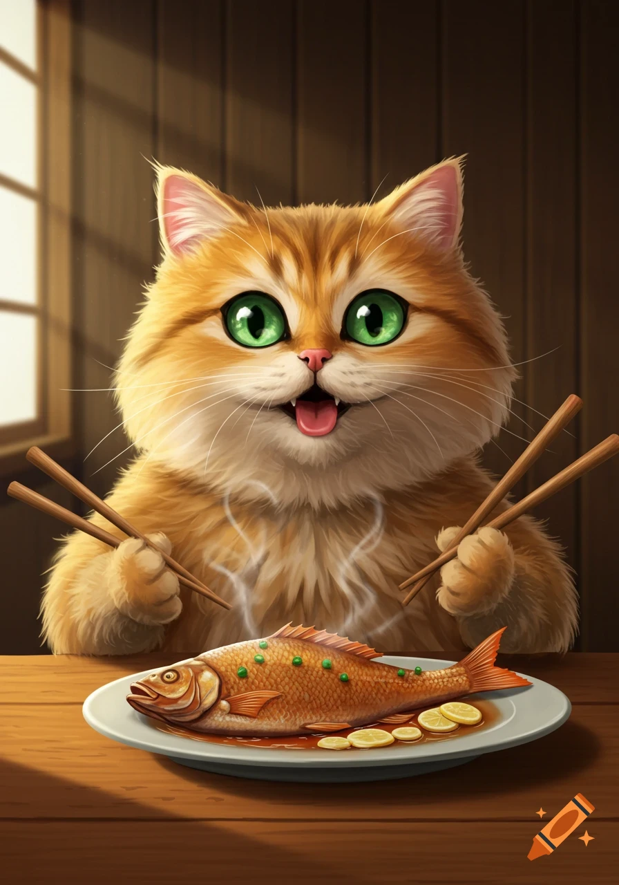 A happy, fluffy orange tabby cat with large green eyes holds chopsticks, licking its lips while looking at a steaming plate of fish.