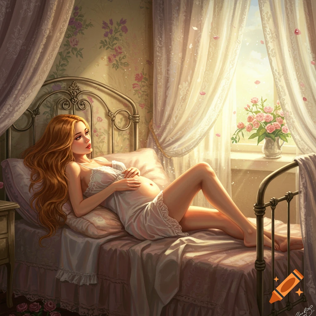 An illustration of a pregnant woman with long red hair, wearing a white nightgown, lying on a bed and cradling her belly in a sunny bedroom.