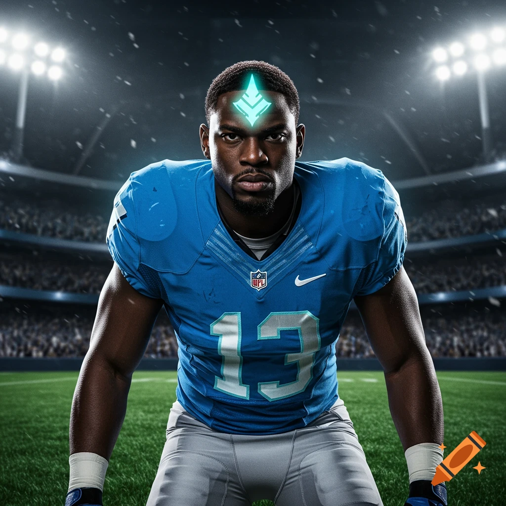 Photorealistic image of a football player in a blue jersey with number 13 and a glowing symbol on his forehead, kneeling on a stadium field under spotlights.