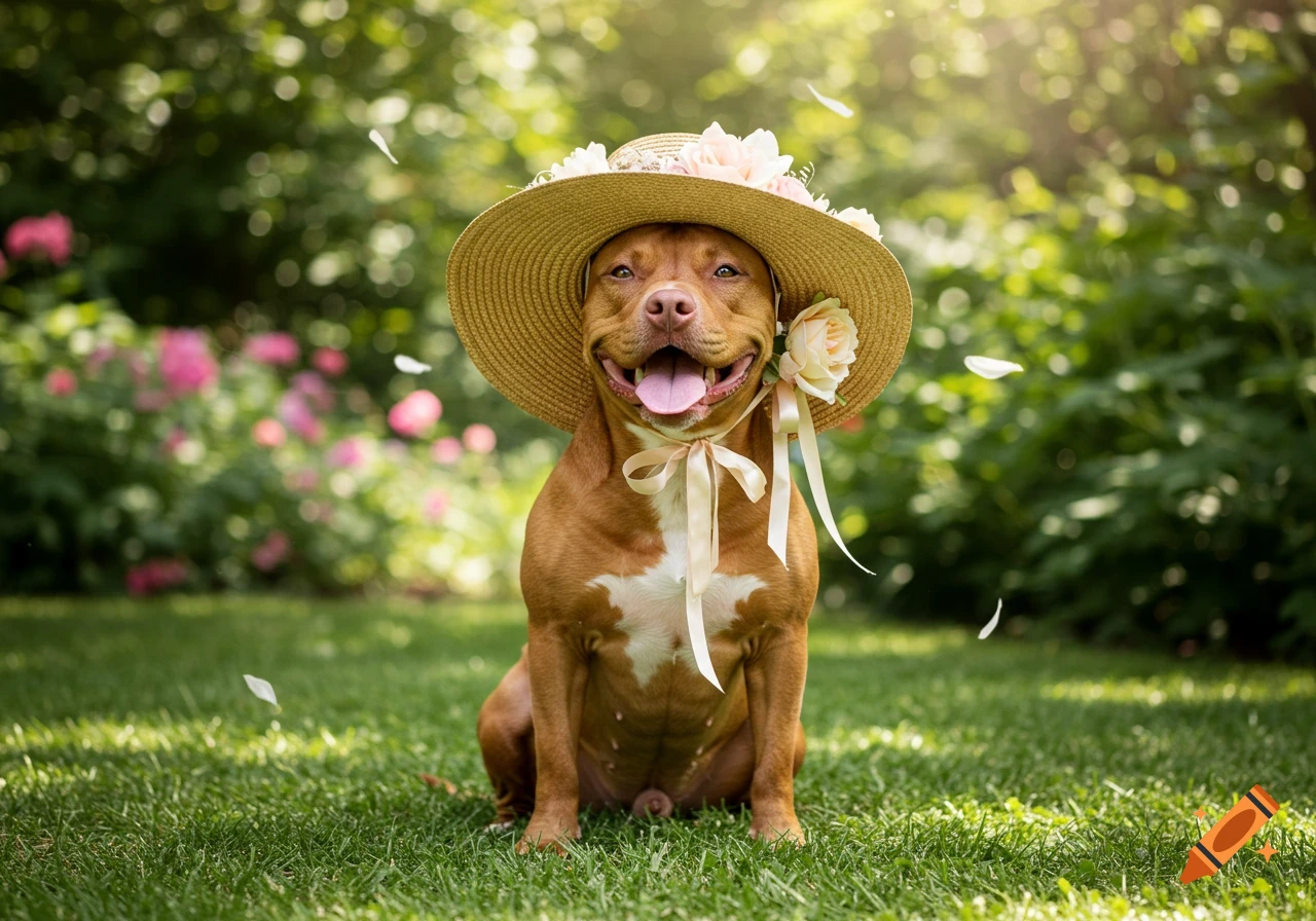Happy red-nosed pitbull in a floral straw hat sits smiling in a sunny green garden with falling petals.