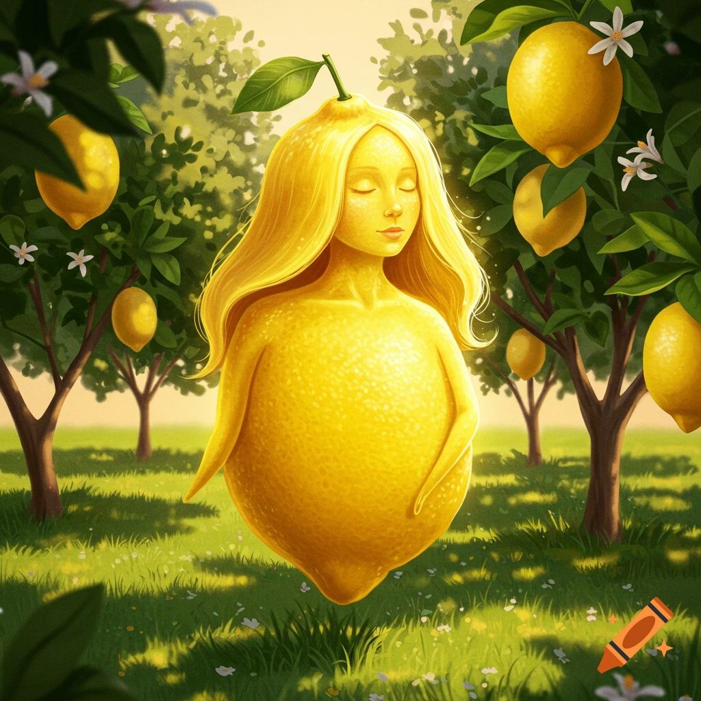 Whimsical illustration of a lemon-woman with long blonde hair and closed eyes standing in a sunny lemon grove.