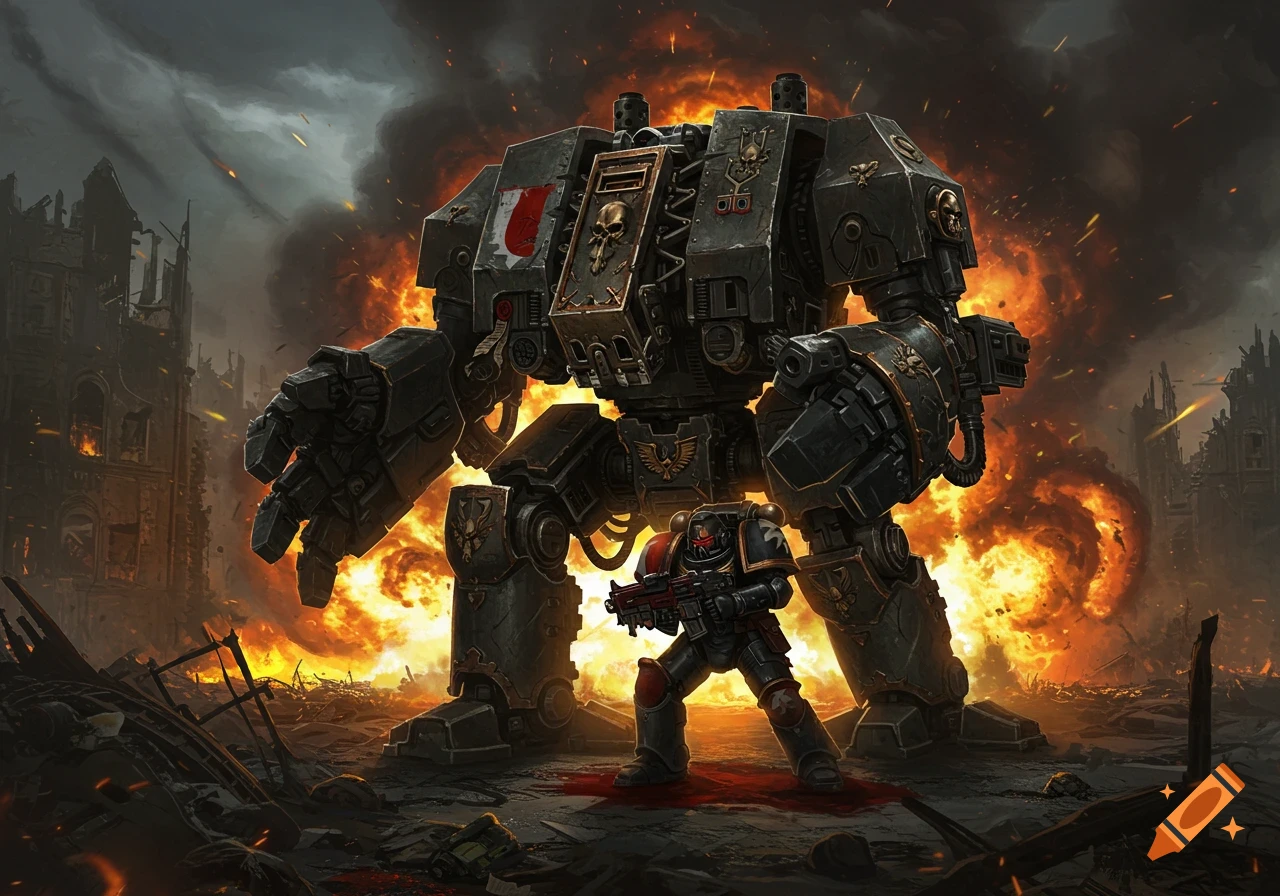 A massive Warhammer 40k Dreadnought robot stands behind a Space Marine in battle armor amidst fiery city ruins.