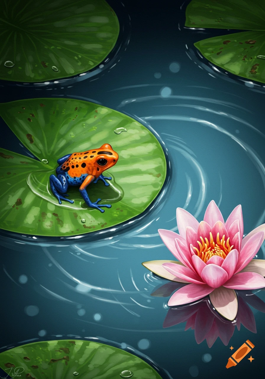 A vibrant orange and blue poison dart frog rests on a green lily pad in water with a pink water lily, in a painterly style.