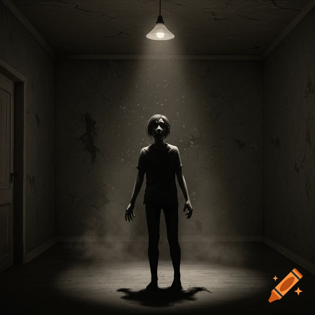 A silhouetted person stands in a dark, cracked room under a single spotlight, appearing fearful and lost.