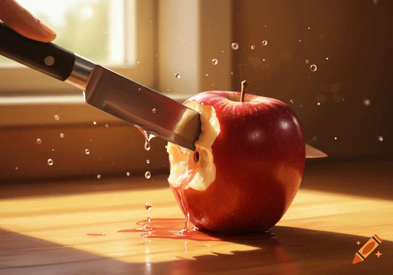 A photorealistic close-up of a knife cutting a red apple, with water and red liquid splashing and dripping onto a wooden table.