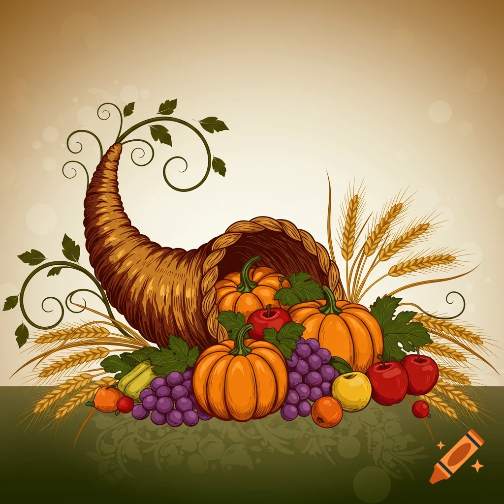 A graphic illustration of a cornucopia overflowing with pumpkins, grapes, apples, and wheat, with decorative foliage.