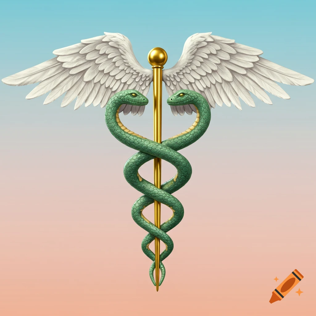 A detailed illustration of a caduceus symbol with a golden staff, two green intertwined snakes, and white wings, against a blue and peach gradient background.
