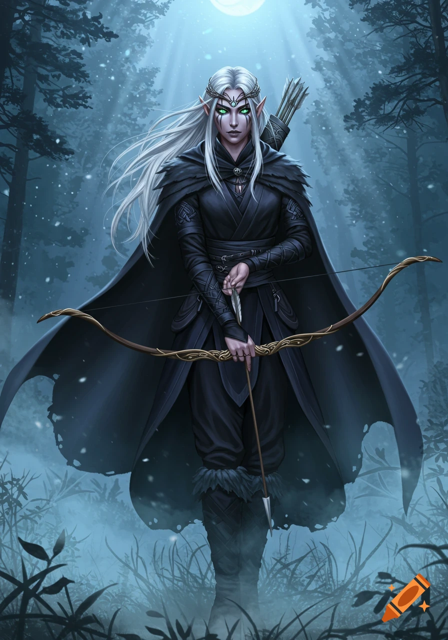 A white-haired elven archer with green eyes and dark markings stands in a snowy, moonlit forest, holding a bow and arrow.