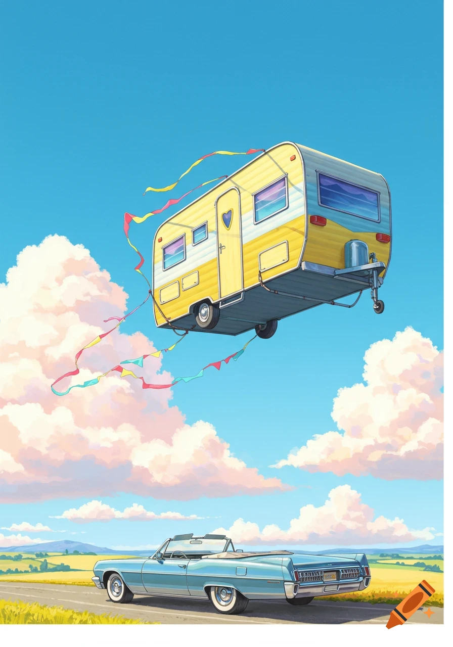 A light blue classic convertible car on a road in a sunny landscape with a yellow and white camper trailer flying like a kite in the blue sky.