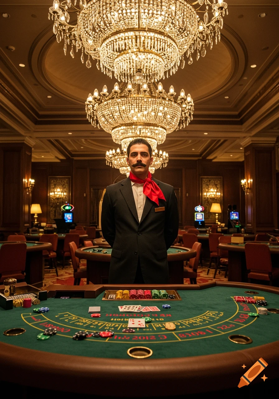 A photorealistic image of a mustachioed croupier in a black suit and red scarf standing behind a green casino table under grand chandeliers.