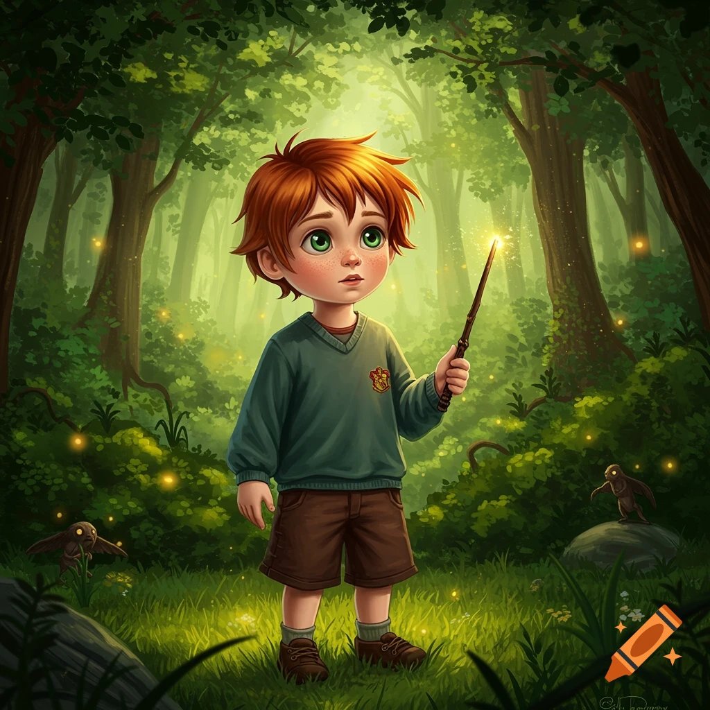 A whimsical cartoon boy with red hair and green eyes holds a glowing magic wand in an enchanted forest.