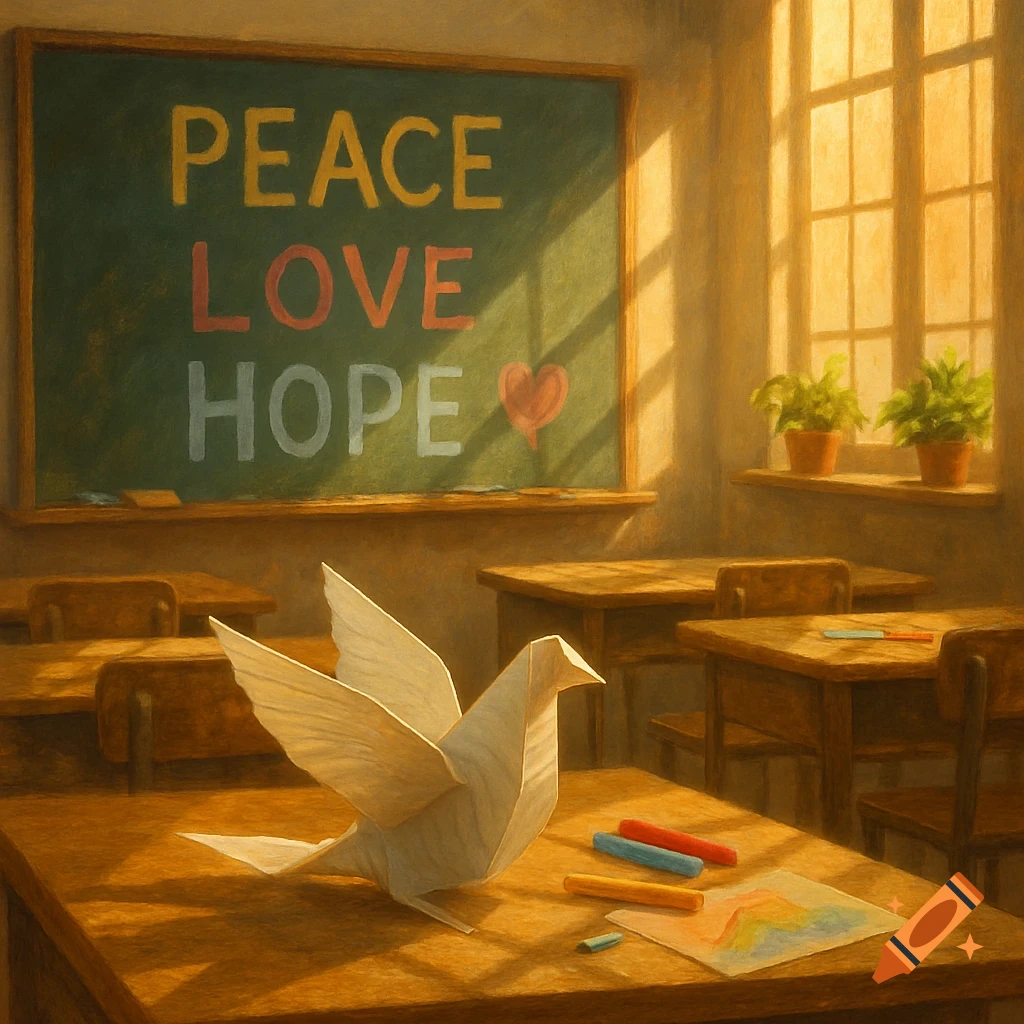 A painterly image of a sunny classroom with an origami dove on a wooden desk and a blackboard displaying 'PEACE LOVE HOPE'.