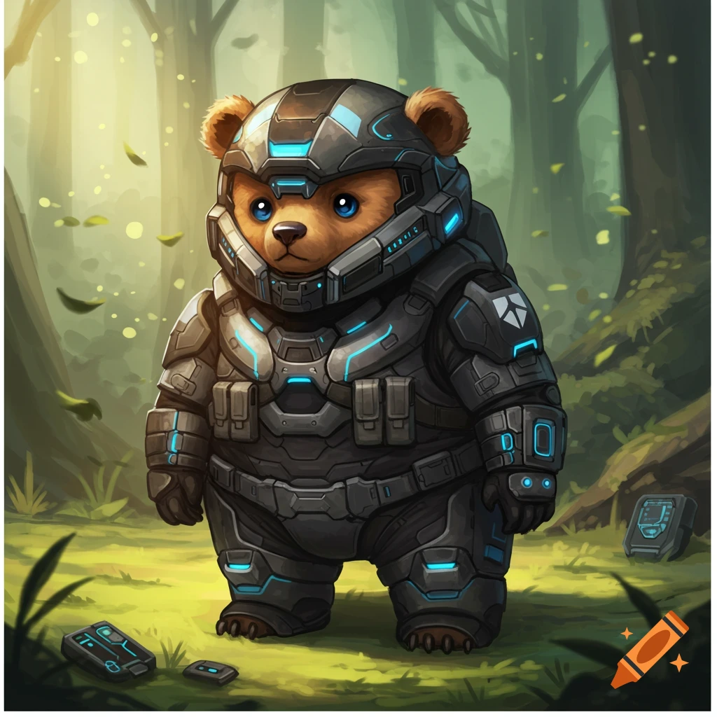 A cute brown bear wearing dark gray futuristic Halo ODST-style armor with blue lights, standing in a forest clearing.