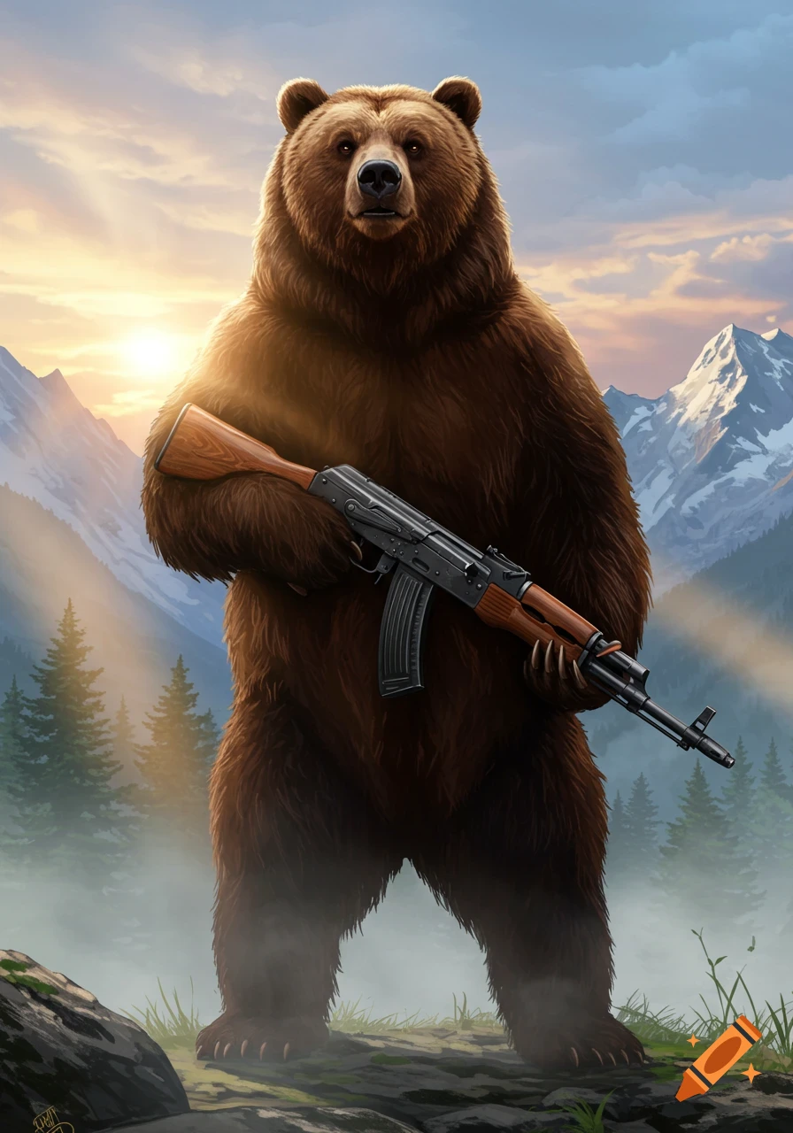 A majestic brown bear stands upright, holding an AK-47 rifle in a scenic mountain landscape at sunrise.