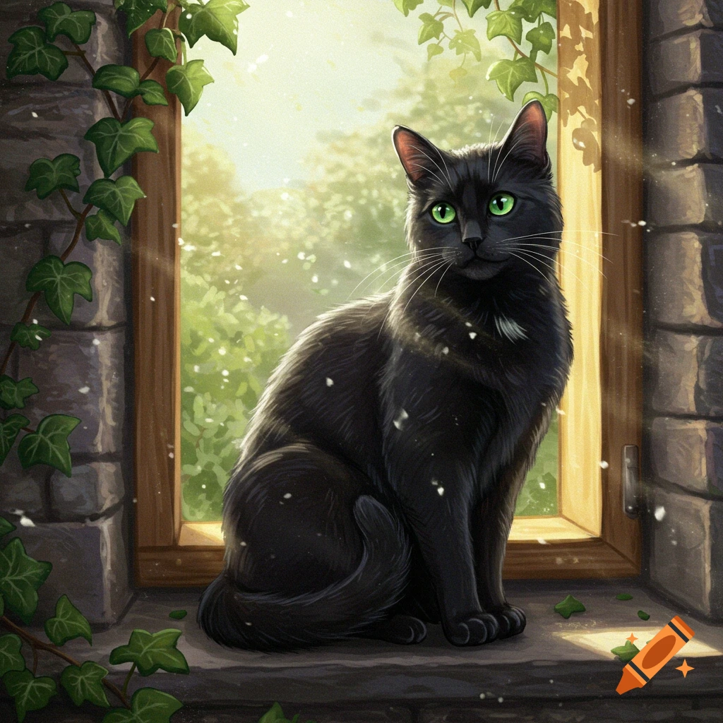 A black cat with bright green eyes sits on a stone windowsill with ivy, looking out a sunny window.