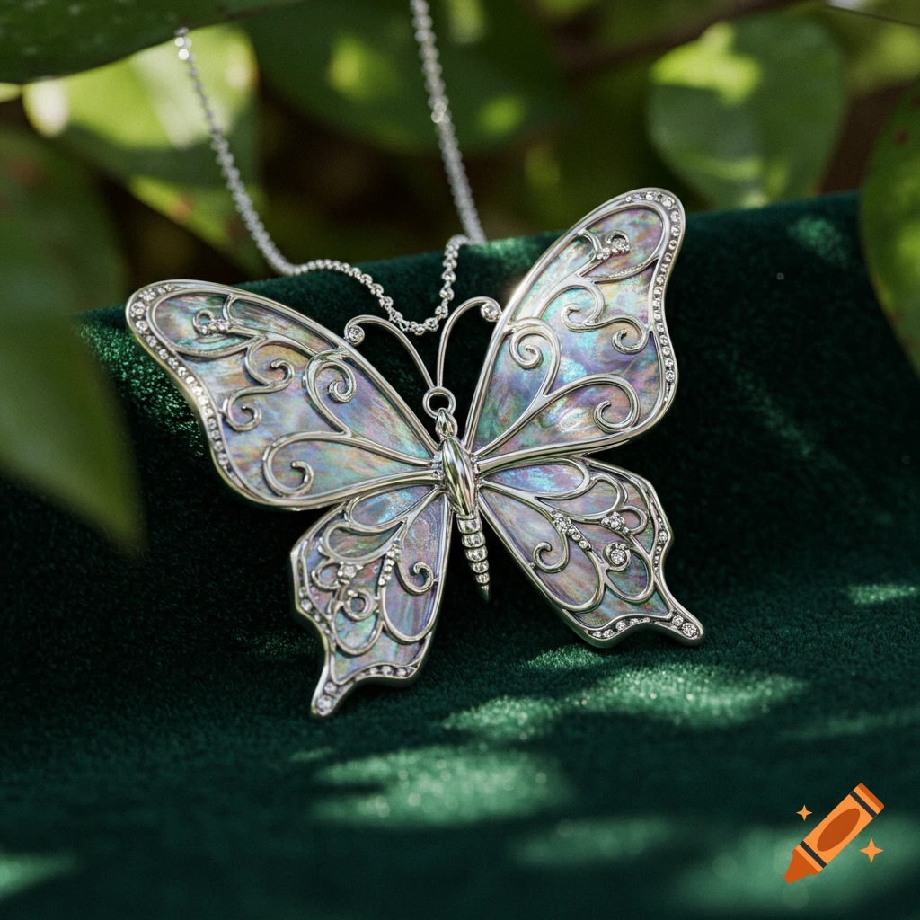 A photorealistic silver butterfly pendant with iridescent wings and sparkling stones, on green velvet against a blurred green background.