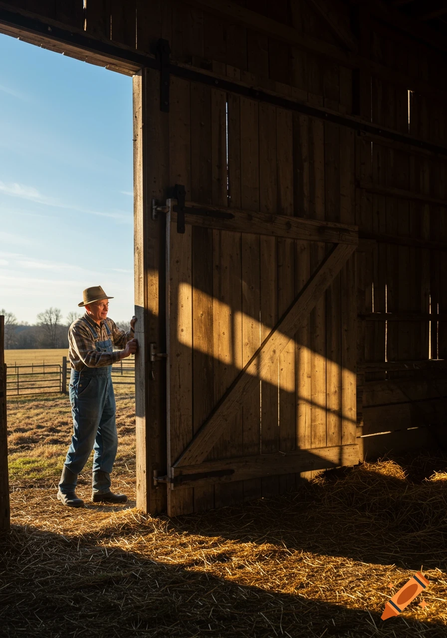 An old man farmer in overalls and a hat slides open a wooden barn door, bathed in golden sunlight.
